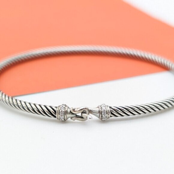 DAVID YURMAN 3mm Classic Cable Sterling Silver Diamond Buckle Bracelet Medium - Picture 1 of 8